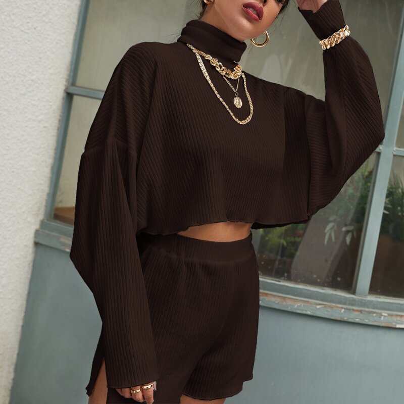 

Drop Shoulder Rib-knit Sweater & Shorts Set, Chocolate brown