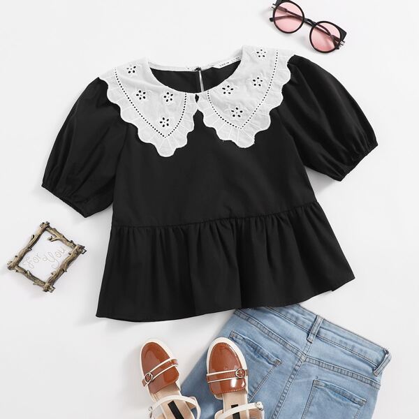

Girls Contrast Schiffy Collar Puff Sleeve Peplum Top, Black