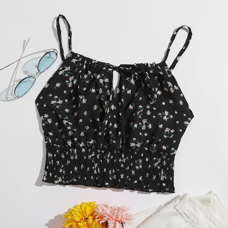 

Ditsy Floral Shirred Crop Cami, Black