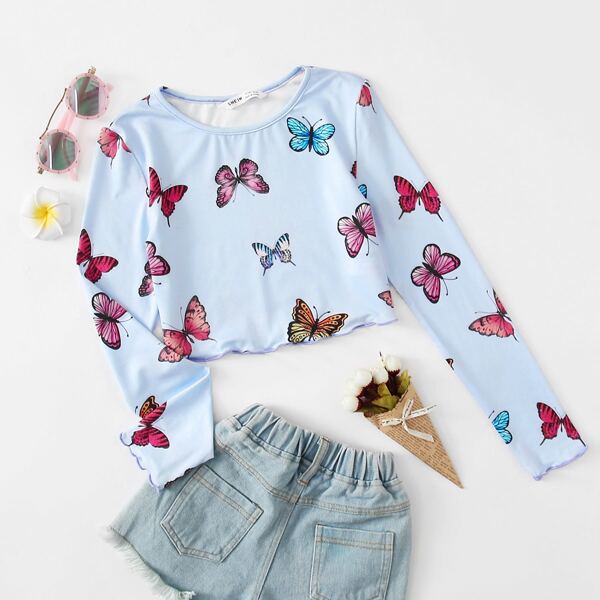 

Girls Butterfly Print Lettuce Edge Crop Top, Pastel baby blue