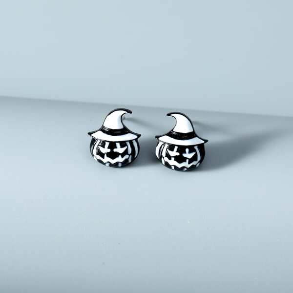 

Men Halloween Pumpkin Design Stud Earrings, Black and white