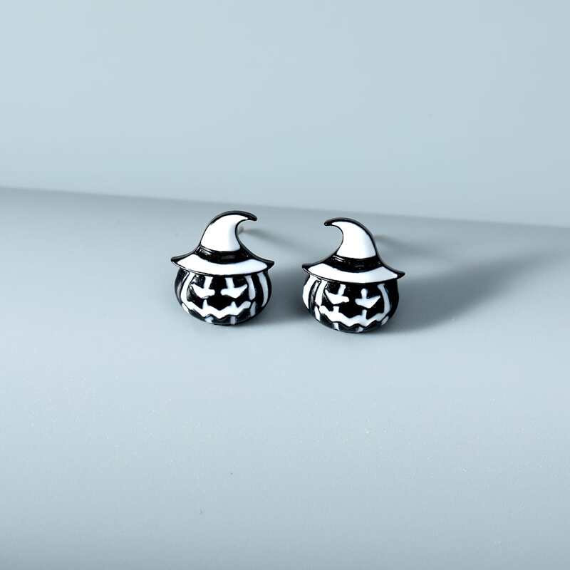 

Guys Halloween Pumpkin Design Stud Earrings, Black and white