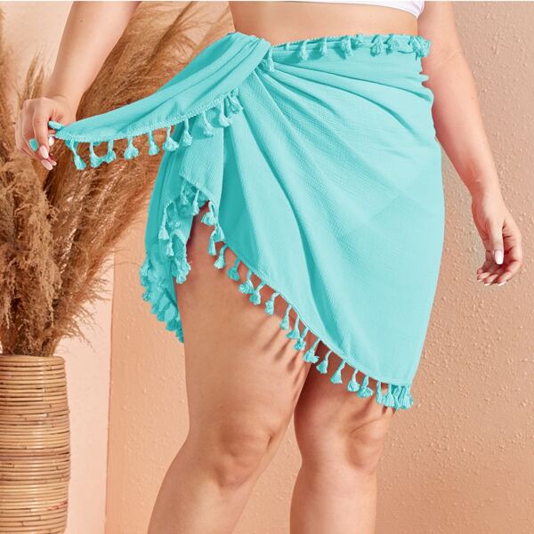 

Plus Tassel Trim Tie Waist Cover Up Skirt, Mint blue