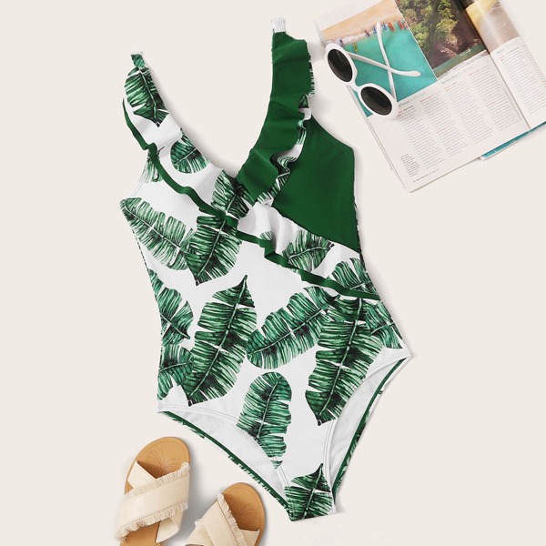 

Plus Tropical Ruffle Trim One Piece Swimsuit, Green