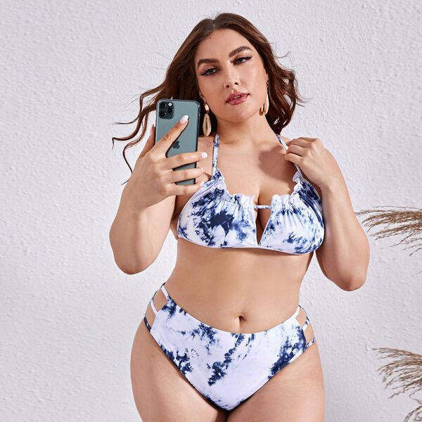 

Plus Tie Dye Frill Trim Halter Bikini Swimsuit, Blue and white