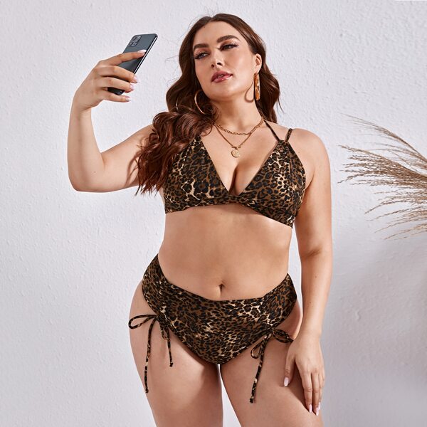 

Plus Leopard Halter High Waisted Bikini Swimsuit, Multicolor