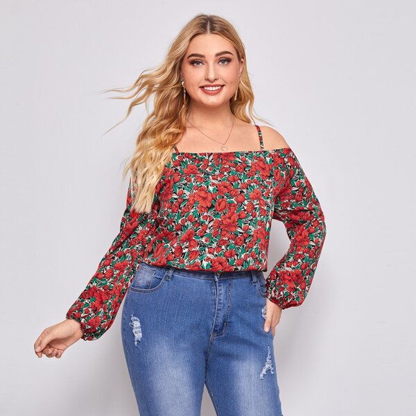 

Plus Floral Print Cold Shoulder Blouse, Multicolor