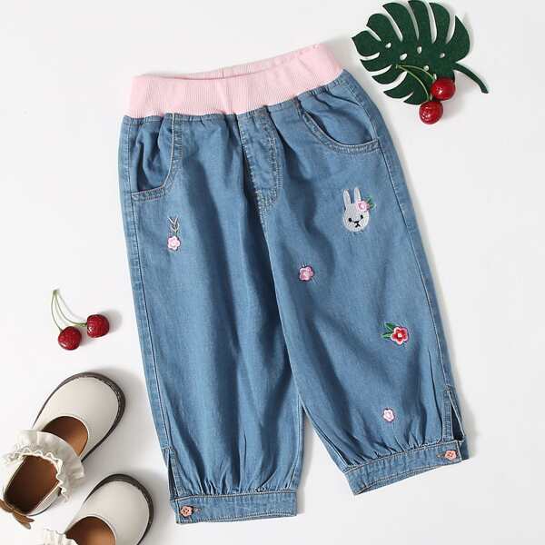 

Toddler Girls Rabbit And Floral Embroidery Jeans, Medium wash