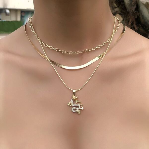 

Rhinestone Dragon Layered Necklace, Gold
