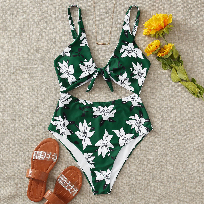 

Floral Cut-out Knot Front One Piece Swimsuit, Green