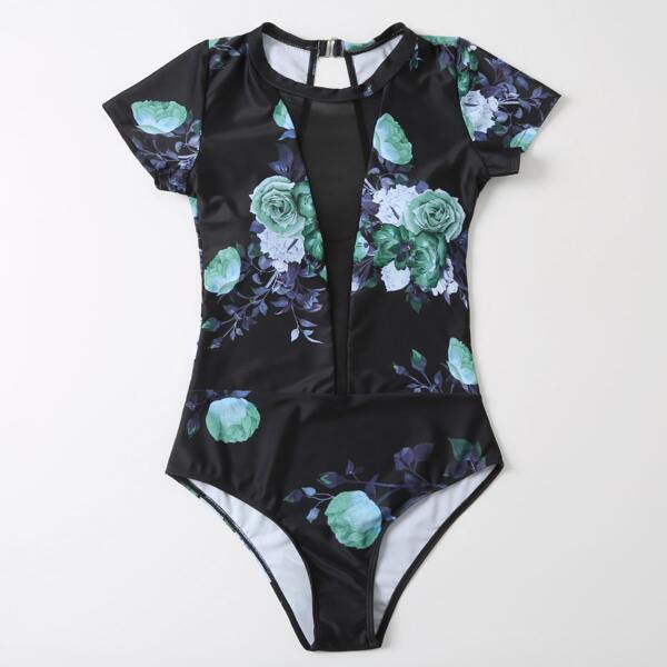 

Floral Print Contrast Mesh One Piece Swimsuit, Black