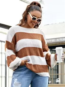 Flirla 加大码落肩撞色毛衣，适合冬季和秋季穿着的针织套头衫 - 彩色 - 查看 1