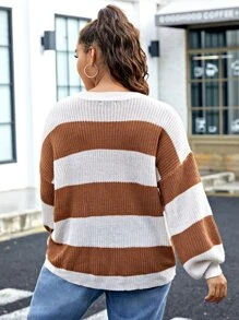 Flirla 加大码落肩撞色毛衣，适合冬季和秋季穿着的针织套头衫 - 彩色 - 查看 2