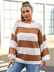 Flirla 加大码落肩撞色毛衣，适合冬季和秋季穿着的针织套头衫 - 彩色 - 查看 4