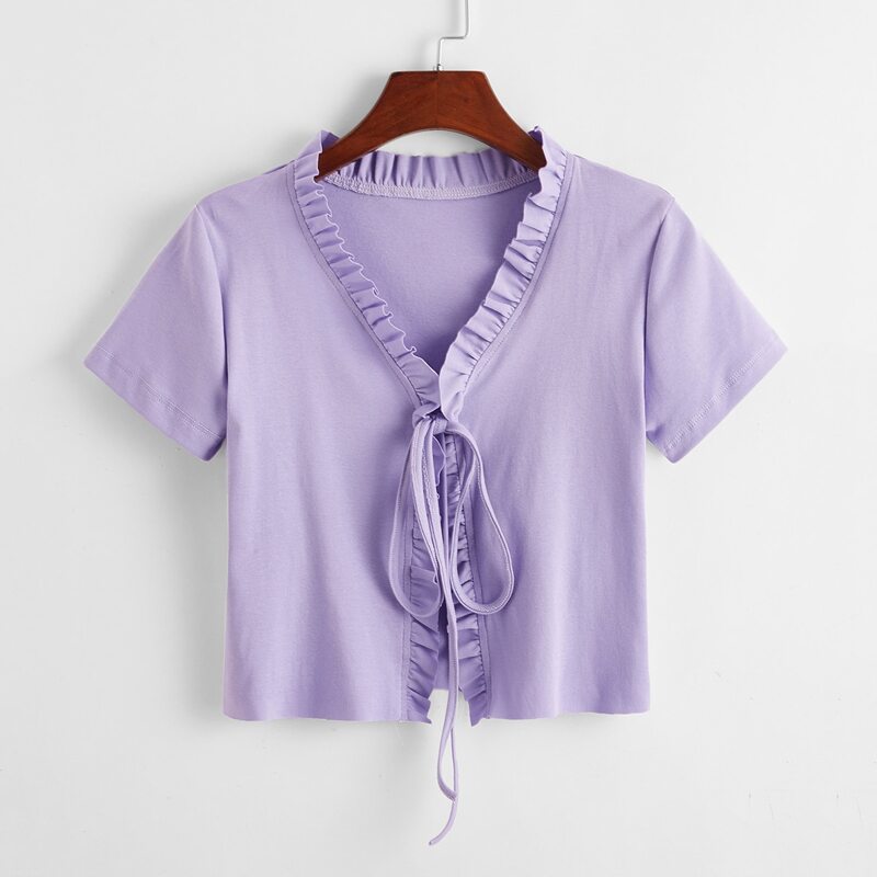 

Frill Trim Tie Front Tee, Lilac purple