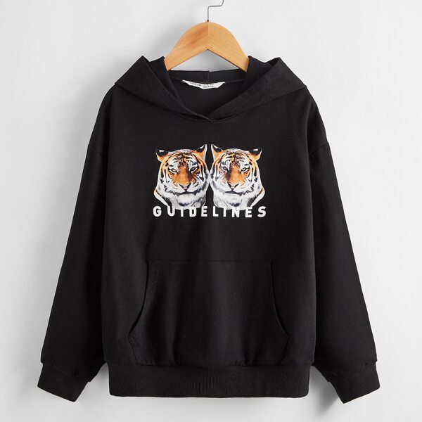 

Girls Tiger and Letter Graphic Pocket Front Hoodie, Black