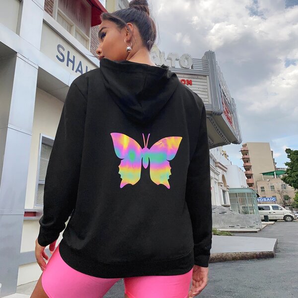 

Plus Reflective Butterfly Print Hooded Sweatshirt, Black