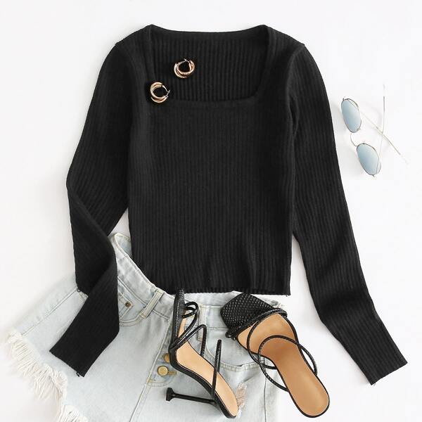 

Solid Rib-knit Sweater, Black