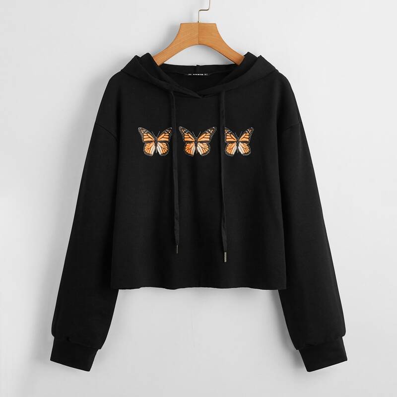 

Butterfly Print Drop Shoulder Hoodie, Black