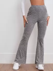 SHEIN Elastic Waist Rib-knit Marled Flare Leg Pants - Grey - View 1