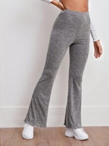 SHEIN Elastic Waist Rib-knit Marled Flare Leg Pants - Grey - View 4