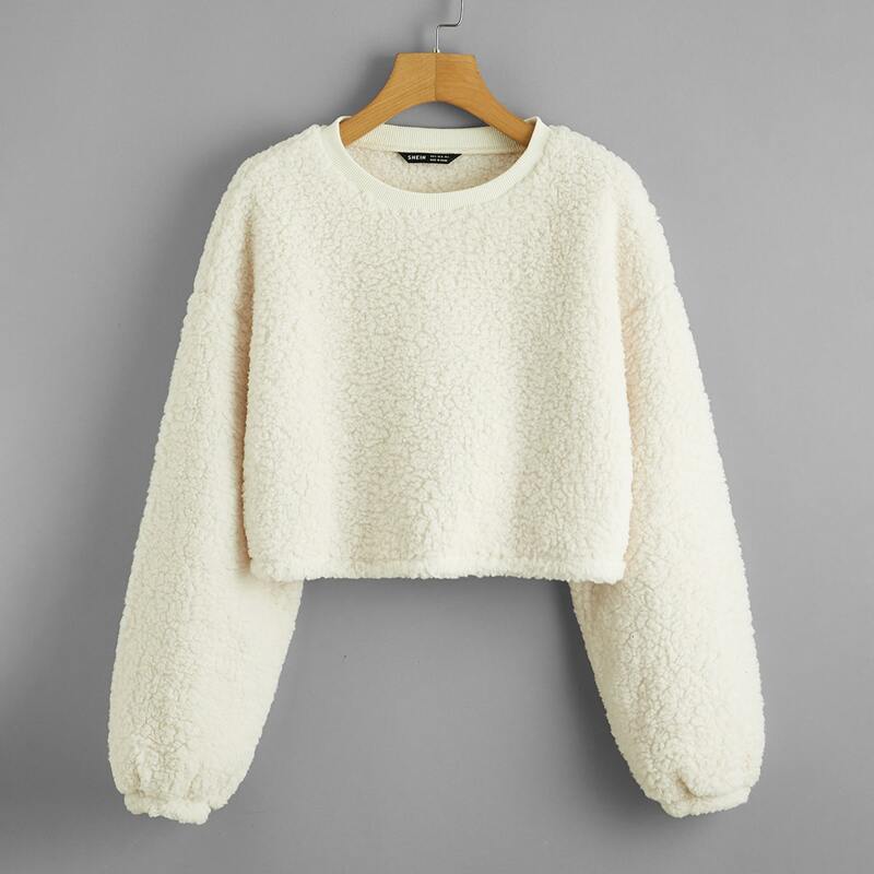 Drop Shoulder Solid Teddy Pullover, Beige