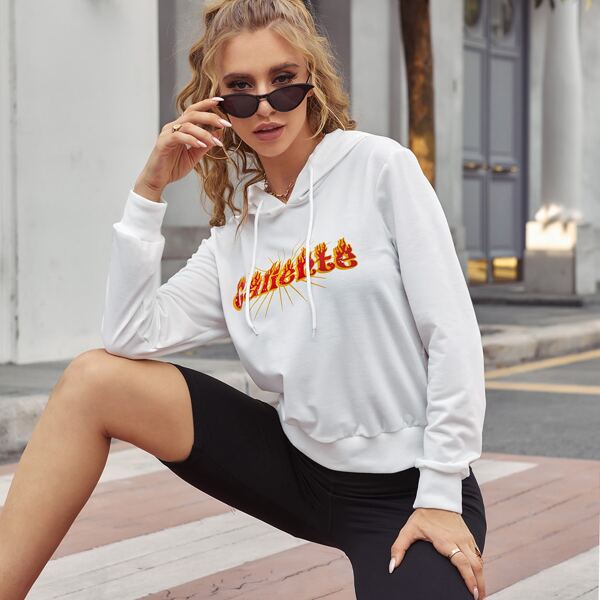 

Letter And Fire Print Hooded Sweatshirt, White