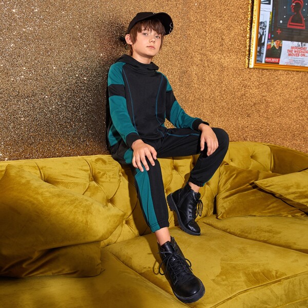 

Boys Colorblock Contrast Stitch Hoodie & Sweatpants Set, Black
