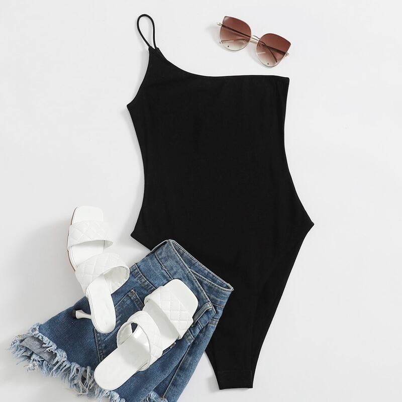 

One Shoulder Solid Bodysuit, Black