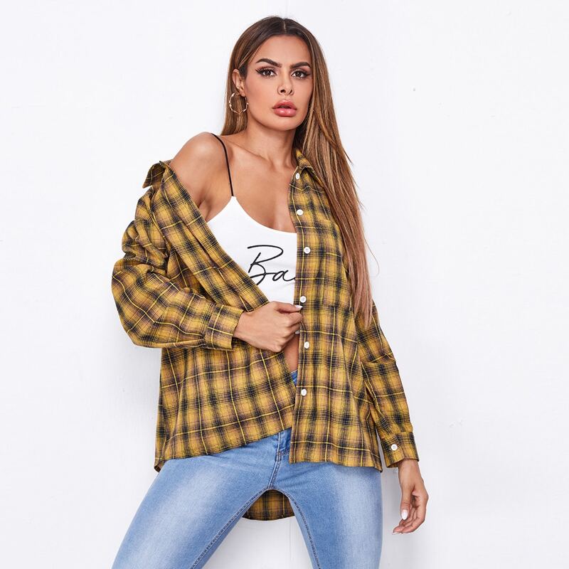 Drop Shoulder Curved Hem Plaid Blouse, Multicolor