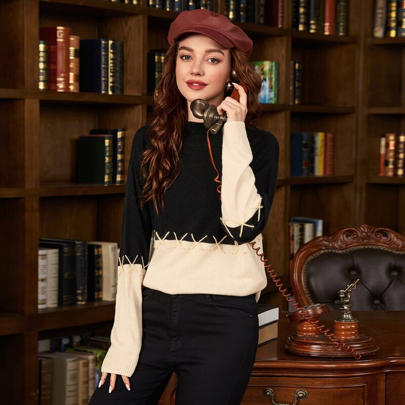 

Drop Shoulder Two Tone Suture Detail Sweater, Multicolor