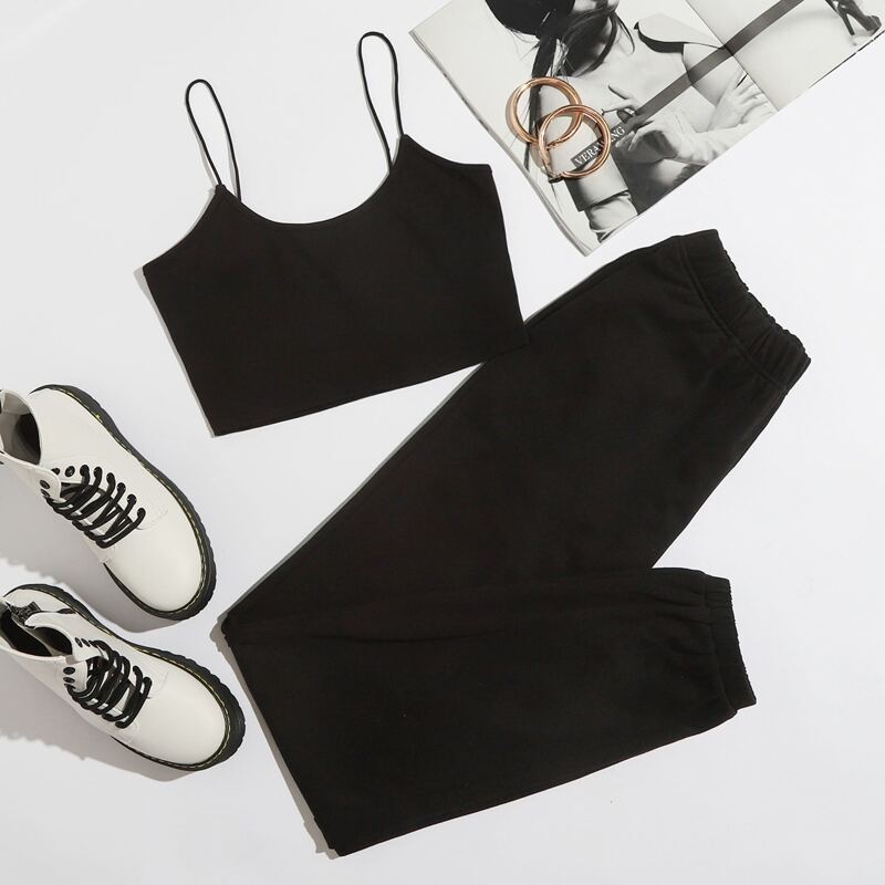 

Solid Crop Cami Top & Pants Set, Black