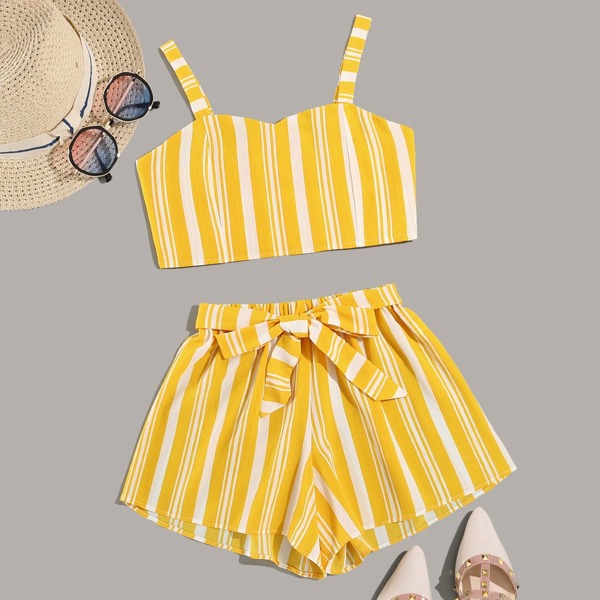

Vertical Striped Tie Back Crop Cami & Shorts, Yellow