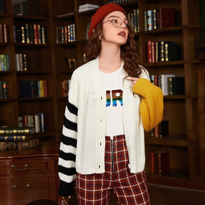 

Drop Shoulder Striped Colorblock Cardigan, Beige