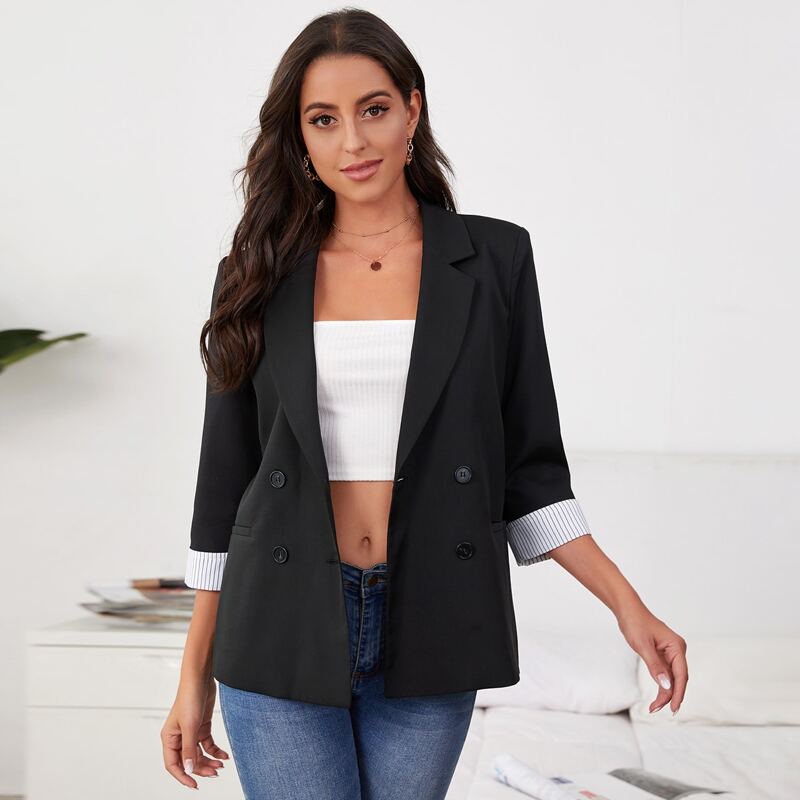 

Lapel Collar Striped Cuff Double Breasted Placket Blazer, Black