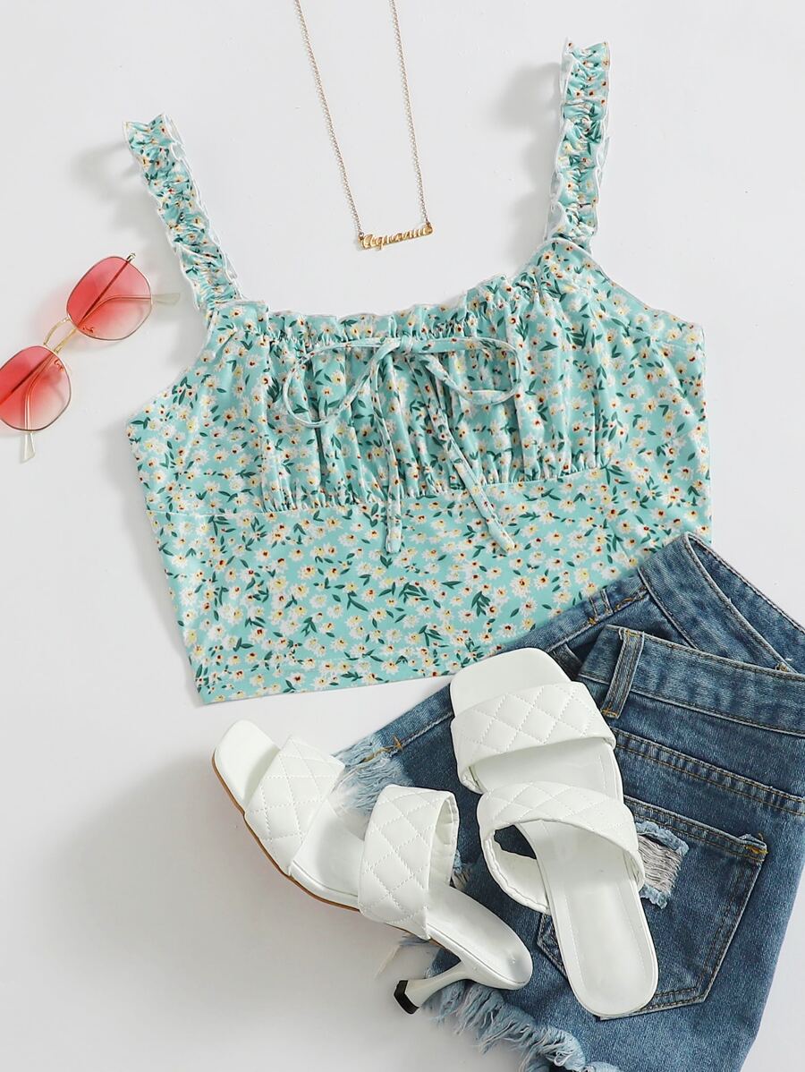 SHEIN Ditsy Floral Ruched Bust Crop Top - Mint Green - View 1