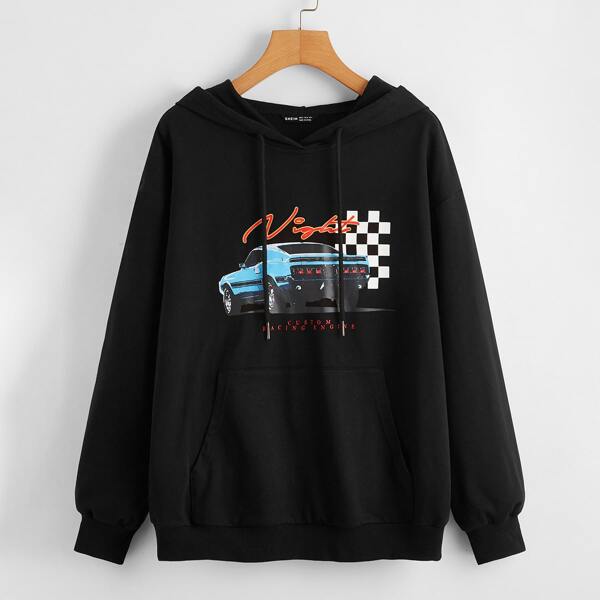 

Drop Shoulder Letter Graphic Drawstring Hoodie, Black