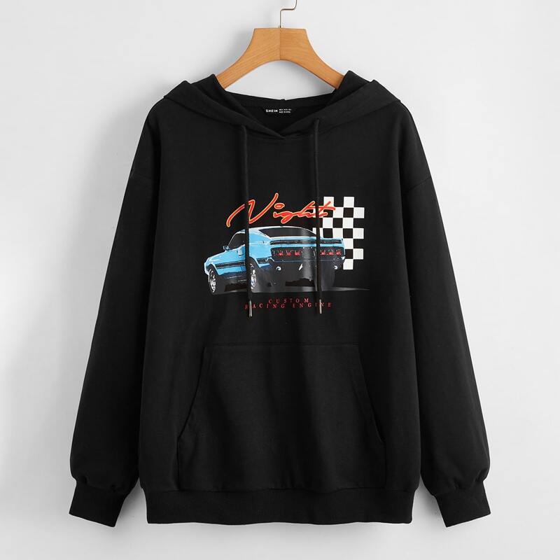 

Drop Shoulder Letter Graphic Drawstring Hoodie, Black