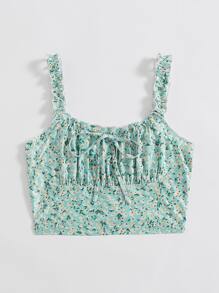 SHEIN Ditsy Floral Ruched Bust Crop Top - Mint Green - View 3