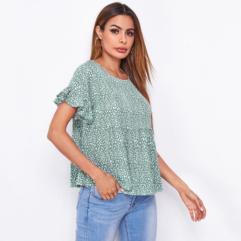 

Ruffle Trim Allover Print Peplum Top, Multicolor