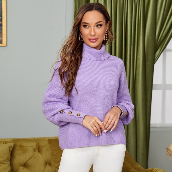 

Funnel Neck Drop Shoulder Button Cuff Sweater, Pastel lilac purple