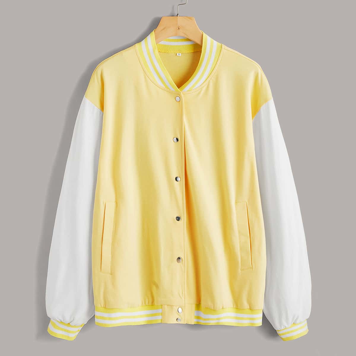 

Button Front Striped Cuff & Neck Color Block Jacket, Yellow