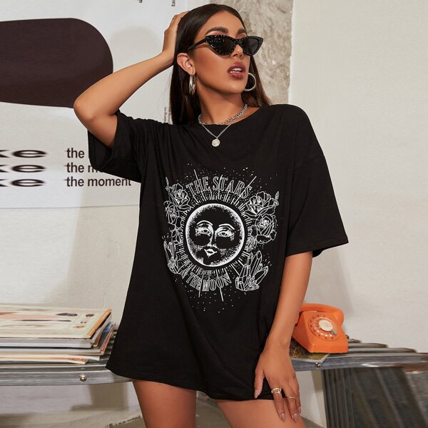 

Abstract Galaxy And Floral Print Boyfriend Tee, Black