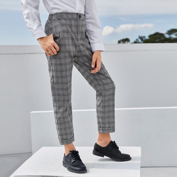 

Boys Buttoned Front Cuffed Plaid Pants, Grey