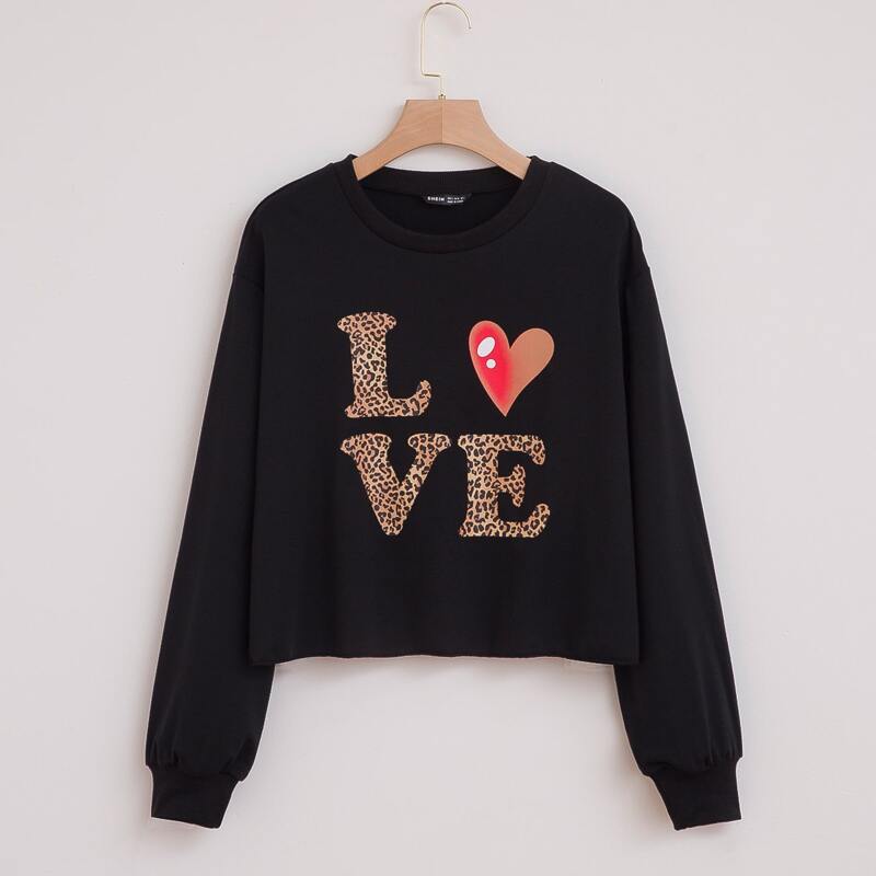 

Letter And Heart Print Sweatshirt, Black