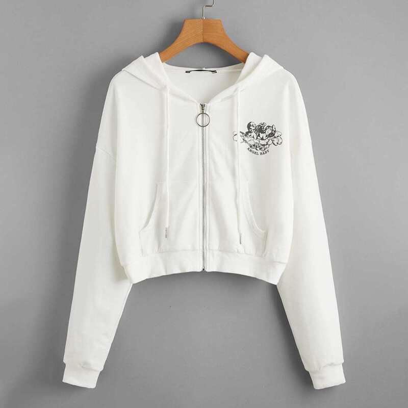 

Angel and Letter Print Zipper Up Hooded Sweatshirt, White