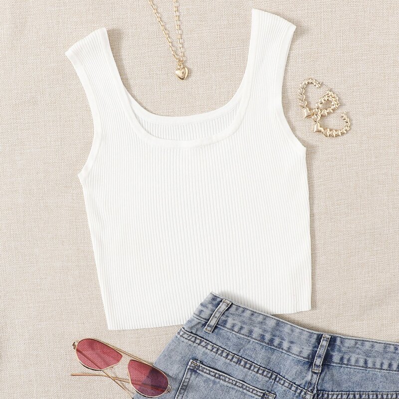 

Scoop Neck Ribbed Knit Solid Knit Top, White