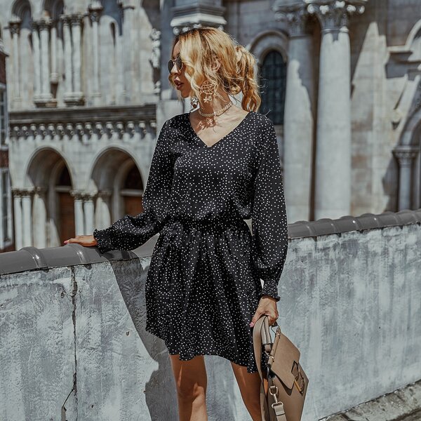 

Polka Dot Bishop Sleeve Belted Dress, Black