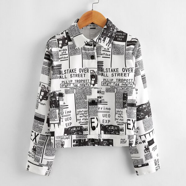 

Girls Newspaper Print Single Breasted Placket Jacket, Black and white