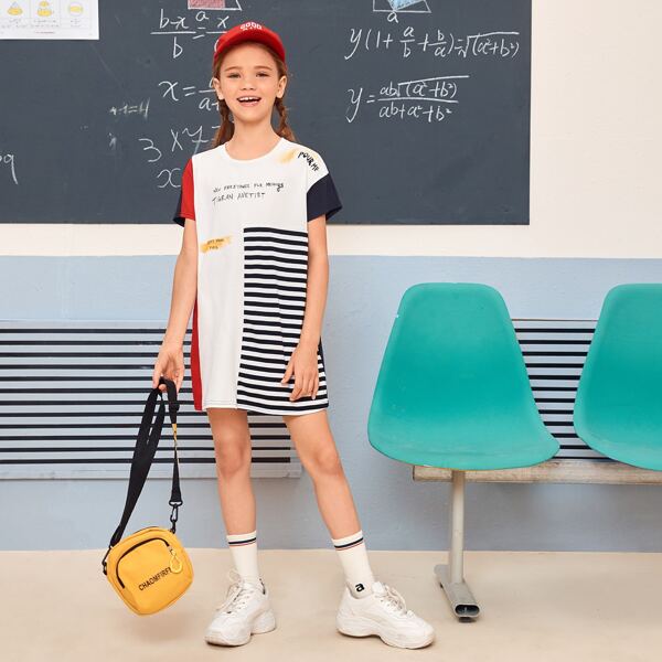 

Girls Drop Shoulder Slogan Graphic Striped Colorblock Tee Dress, Multicolor